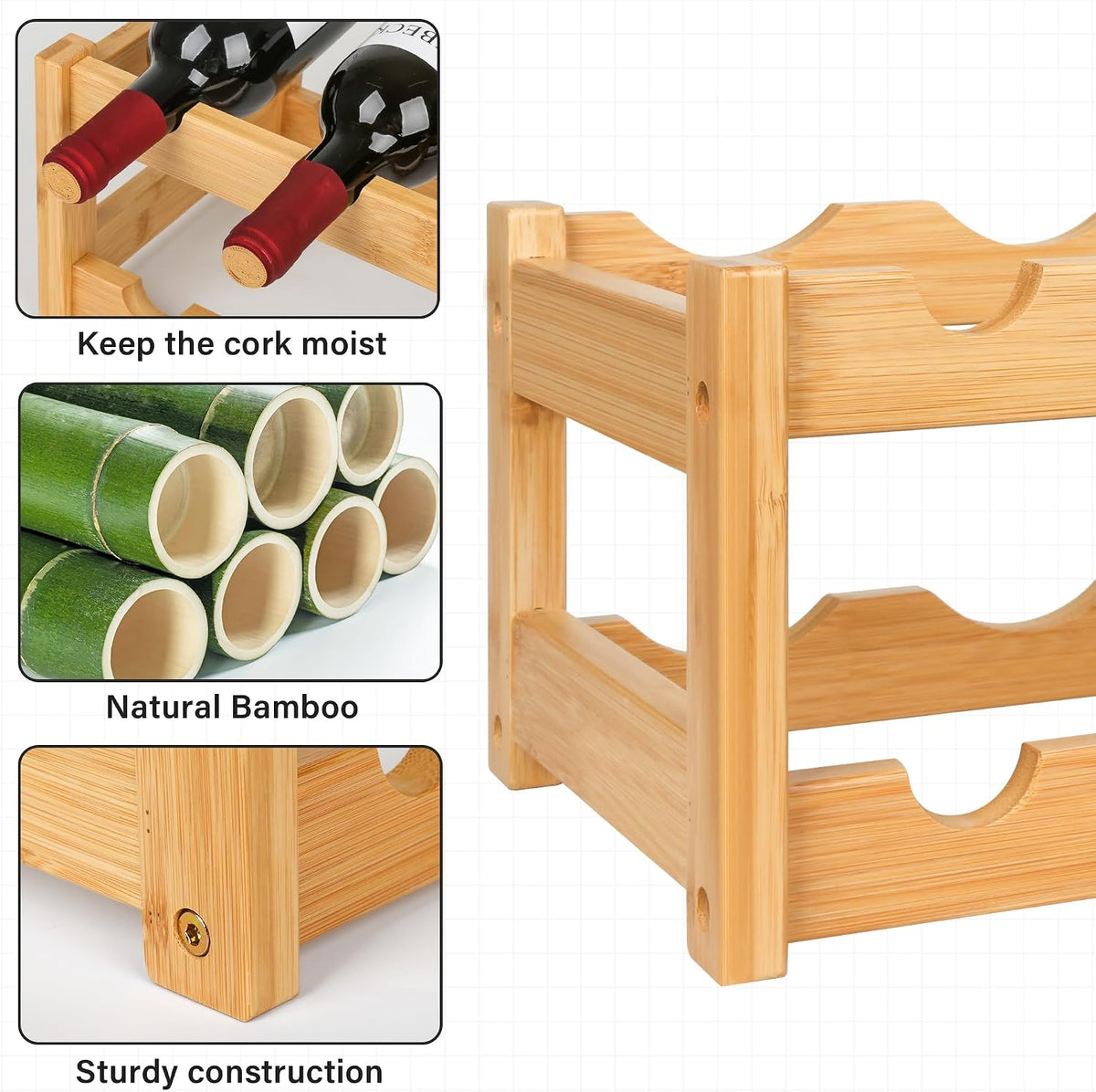 Bamboo Wine Rack, Sturdy and Durable Wine Storage Cabinet Shelf, Wine Racks Countertop for Pantry,Kitchen,3-Tier 12 Bottles Wine Rack Black