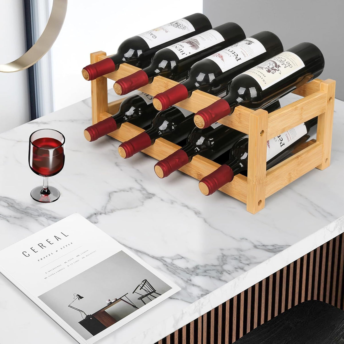 Bamboo Wine Rack, Sturdy and Durable Wine Storage Cabinet Shelf, Wine Racks Countertop for Pantry,Kitchen,3-Tier 12 Bottles Wine Rack Black