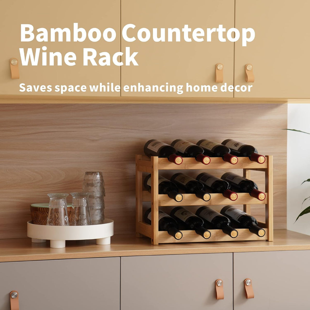 Bamboo Wine Rack, Sturdy and Durable Wine Storage Cabinet Shelf, Wine Racks Countertop for Pantry,Kitchen,3-Tier 12 Bottles Wine Rack Black