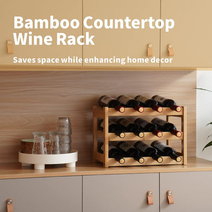Bamboo Wine Rack, Sturdy and Durable Wine Storage Cabinet Shelf, Wine Racks Countertop for Pantry,Kitchen,3-Tier 12 Bottles Wine Rack Black