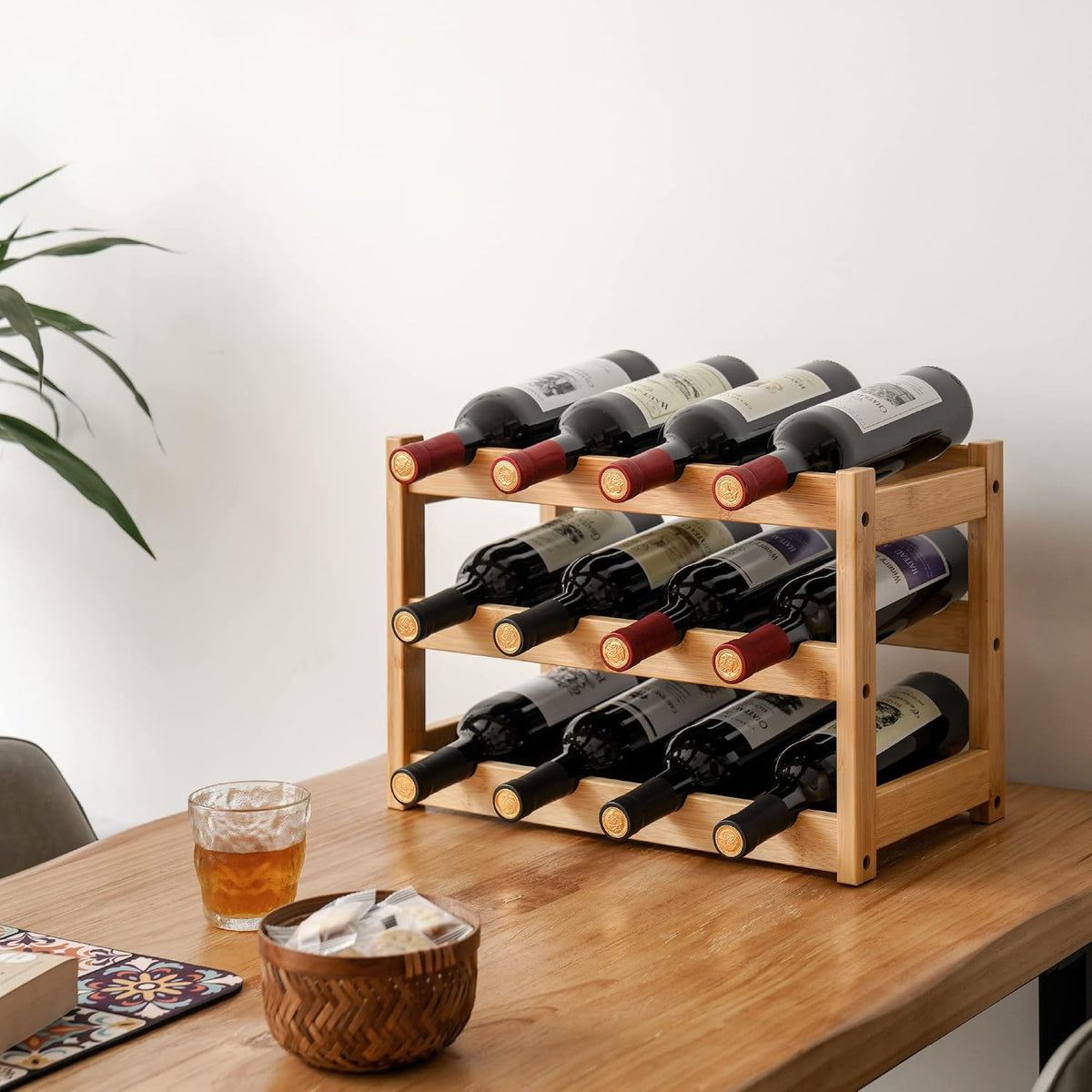 Bamboo Wine Rack, Sturdy and Durable Wine Storage Cabinet Shelf, Wine Racks Countertop for Pantry,Kitchen,3-Tier 12 Bottles Wine Rack Black