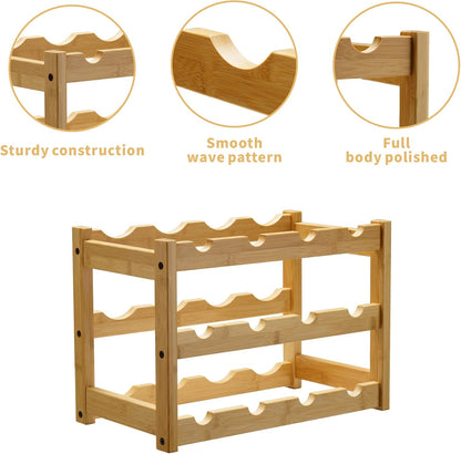 Bamboo Wine Rack, Sturdy and Durable Wine Storage Cabinet Shelf, Wine Racks Countertop for Pantry,Kitchen,3-Tier 12 Bottles Wine Rack Black