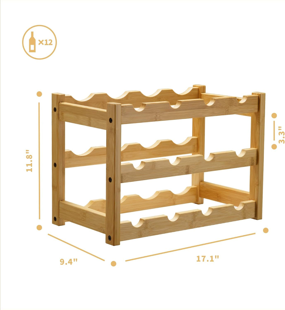 Bamboo Wine Rack, Sturdy and Durable Wine Storage Cabinet Shelf, Wine Racks Countertop for Pantry,Kitchen,3-Tier 12 Bottles Wine Rack Black