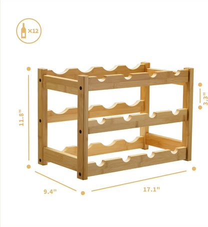 Bamboo Wine Rack, Sturdy and Durable Wine Storage Cabinet Shelf, Wine Racks Countertop for Pantry,Kitchen,3-Tier 12 Bottles Wine Rack Black
