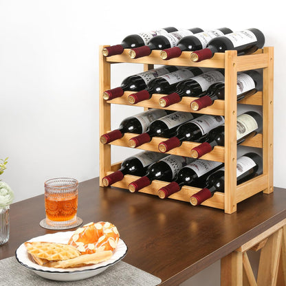 Bamboo Wine Rack, Sturdy and Durable Wine Storage Cabinet Shelf, Wine Racks Countertop for Pantry,Kitchen,3-Tier 12 Bottles Wine Rack Black