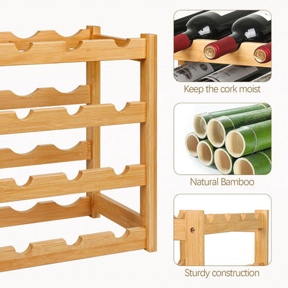 Bamboo Wine Rack, Sturdy and Durable Wine Storage Cabinet Shelf, Wine Racks Countertop for Pantry,Kitchen,3-Tier 12 Bottles Wine Rack Black