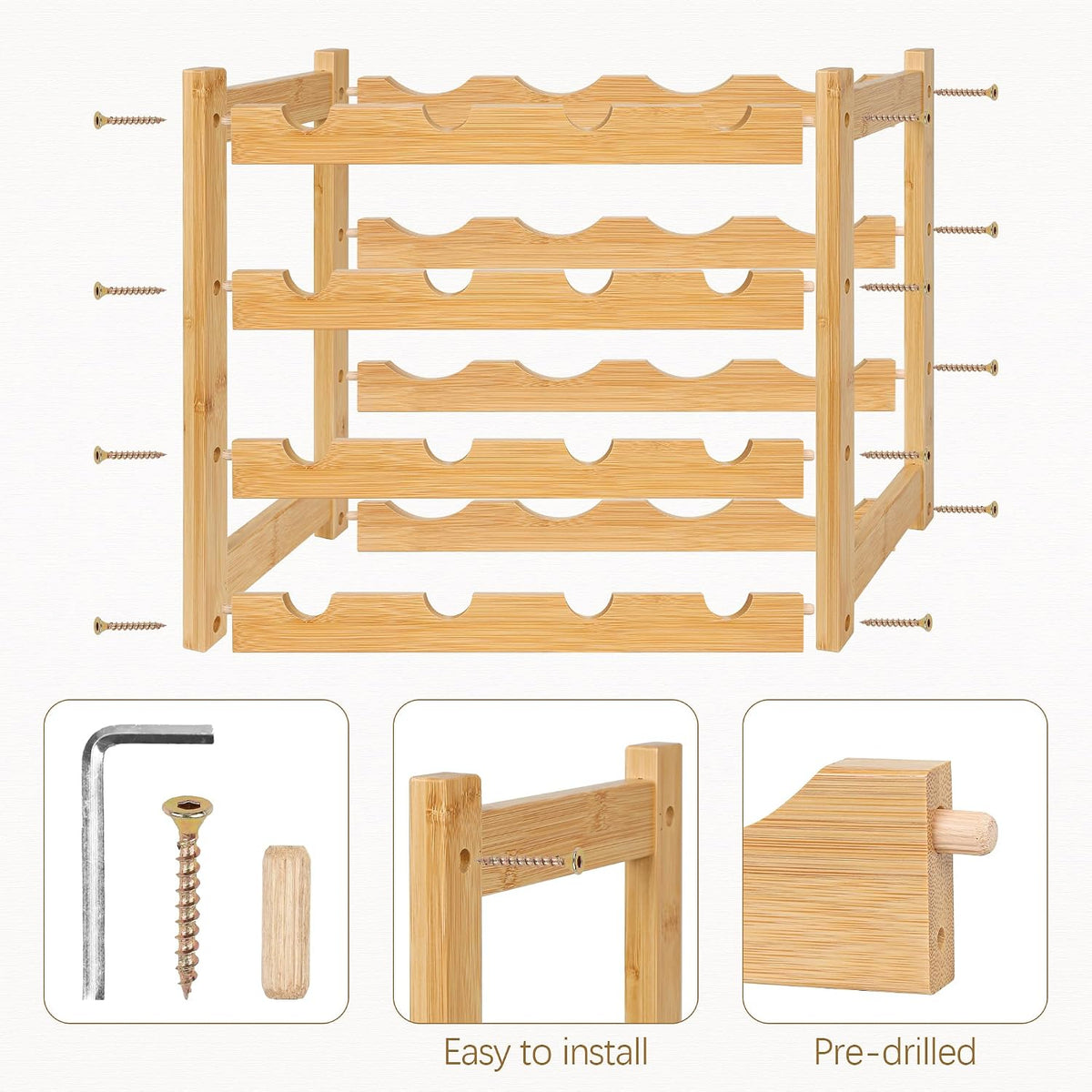 Bamboo Wine Rack, Sturdy and Durable Wine Storage Cabinet Shelf, Wine Racks Countertop for Pantry,Kitchen,3-Tier 12 Bottles Wine Rack Black
