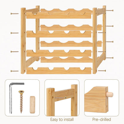 Bamboo Wine Rack, Sturdy and Durable Wine Storage Cabinet Shelf, Wine Racks Countertop for Pantry,Kitchen,3-Tier 12 Bottles Wine Rack Black