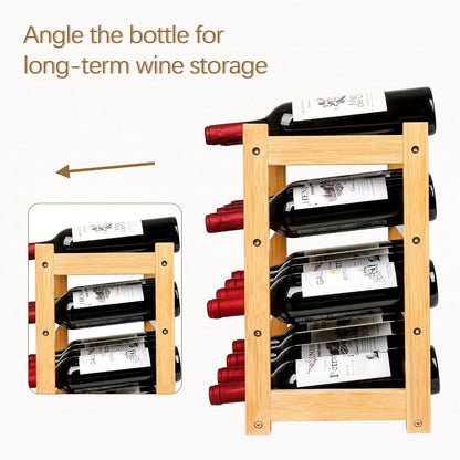Bamboo Wine Rack, Sturdy and Durable Wine Storage Cabinet Shelf, Wine Racks Countertop for Pantry,Kitchen,3-Tier 12 Bottles Wine Rack Black