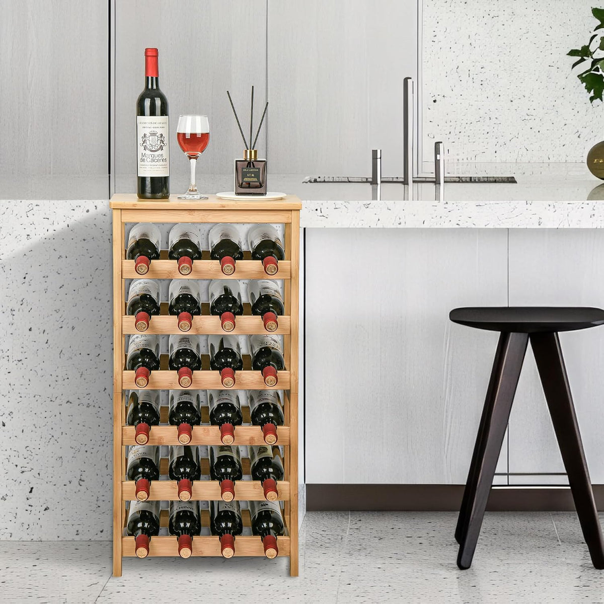 Bamboo Wine Rack, Sturdy and Durable Wine Storage Cabinet Shelf, Wine Racks Countertop for Pantry,Kitchen,3-Tier 12 Bottles Wine Rack Black