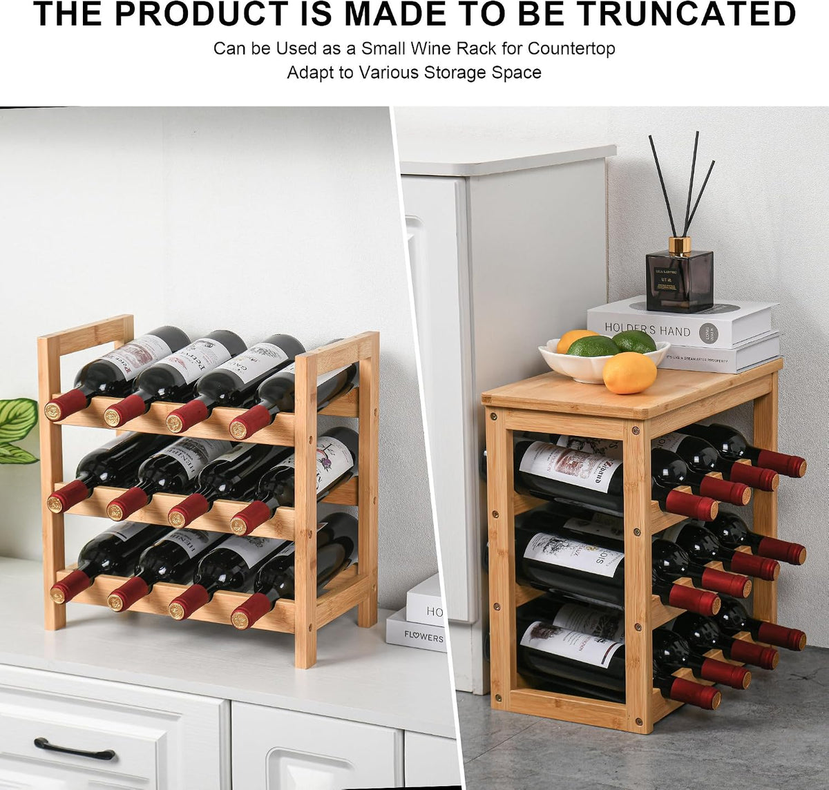Bamboo Wine Rack, Sturdy and Durable Wine Storage Cabinet Shelf, Wine Racks Countertop for Pantry,Kitchen,3-Tier 12 Bottles Wine Rack Black