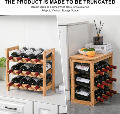 Bamboo Wine Rack, Sturdy and Durable Wine Storage Cabinet Shelf, Wine Racks Countertop for Pantry,Kitchen,3-Tier 12 Bottles Wine Rack Black