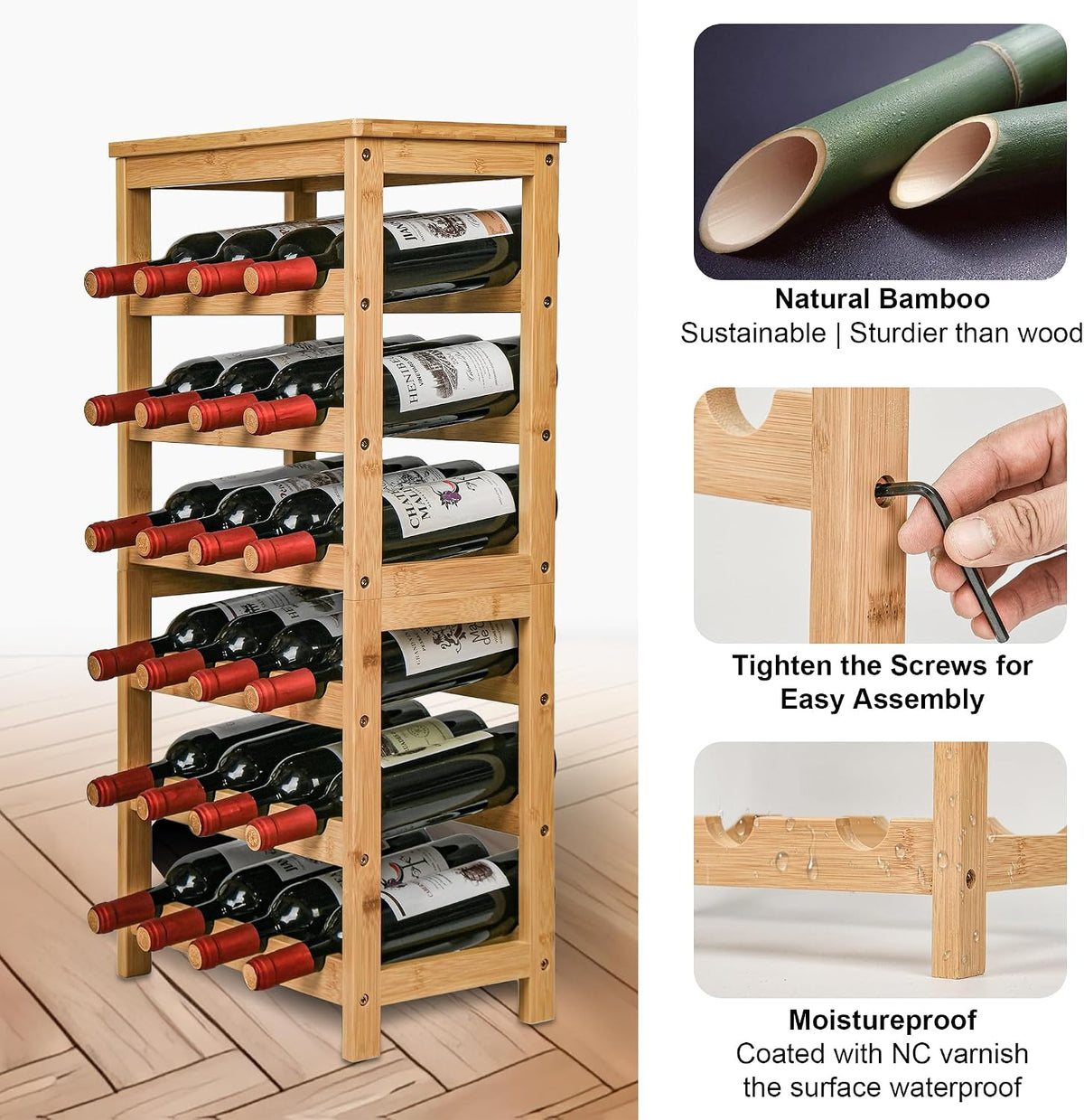 Bamboo Wine Rack, Sturdy and Durable Wine Storage Cabinet Shelf, Wine Racks Countertop for Pantry,Kitchen,3-Tier 12 Bottles Wine Rack Black