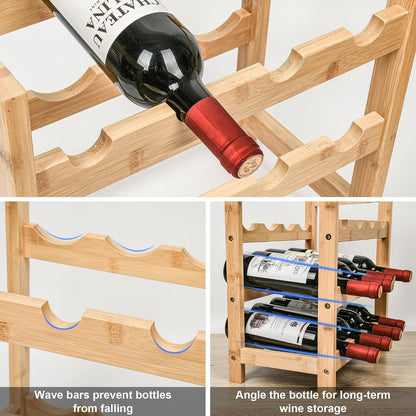 Bamboo Wine Rack, Sturdy and Durable Wine Storage Cabinet Shelf, Wine Racks Countertop for Pantry,Kitchen,3-Tier 12 Bottles Wine Rack Black