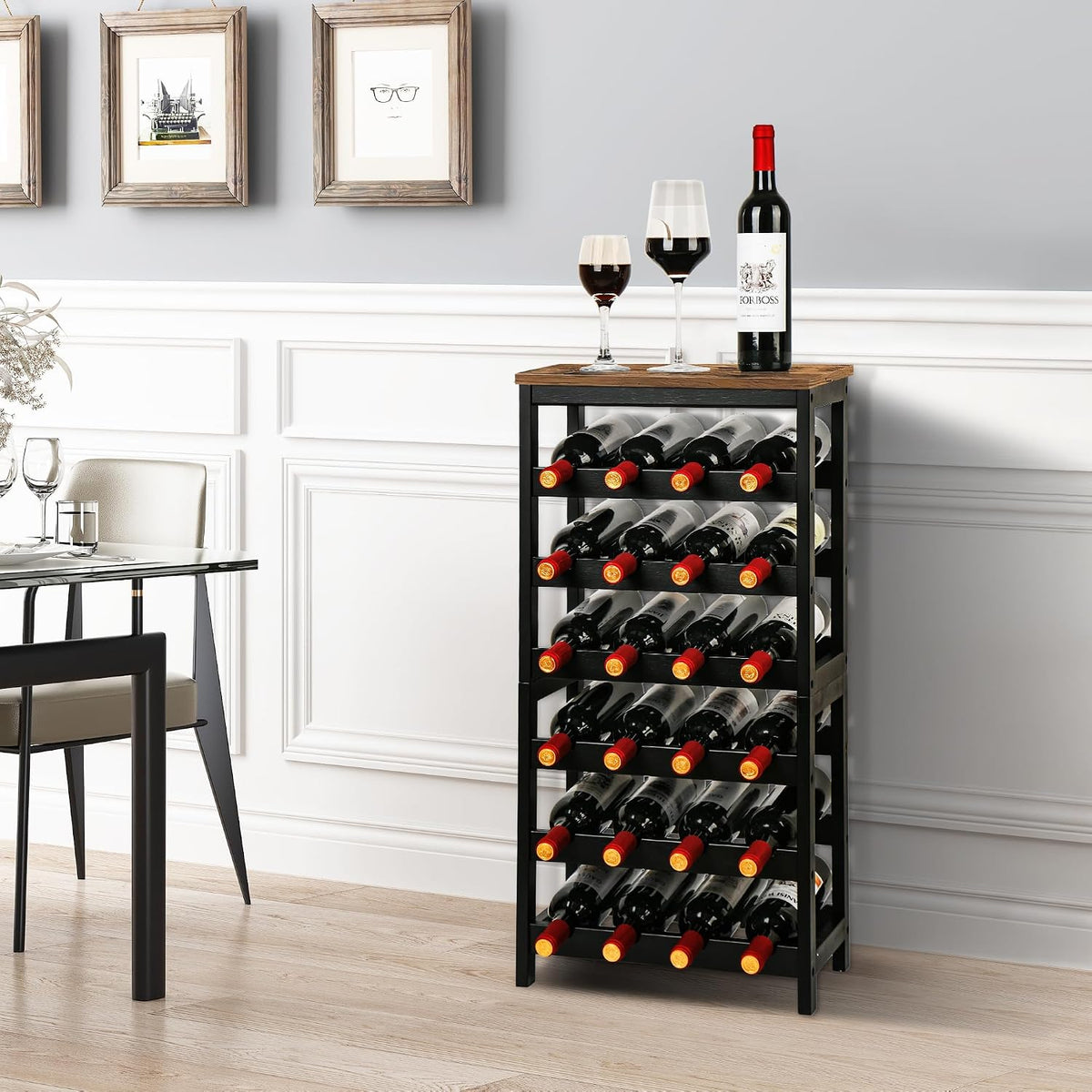 Bamboo Wine Rack, Sturdy and Durable Wine Storage Cabinet Shelf, Wine Racks Countertop for Pantry,Kitchen,3-Tier 12 Bottles Wine Rack Black
