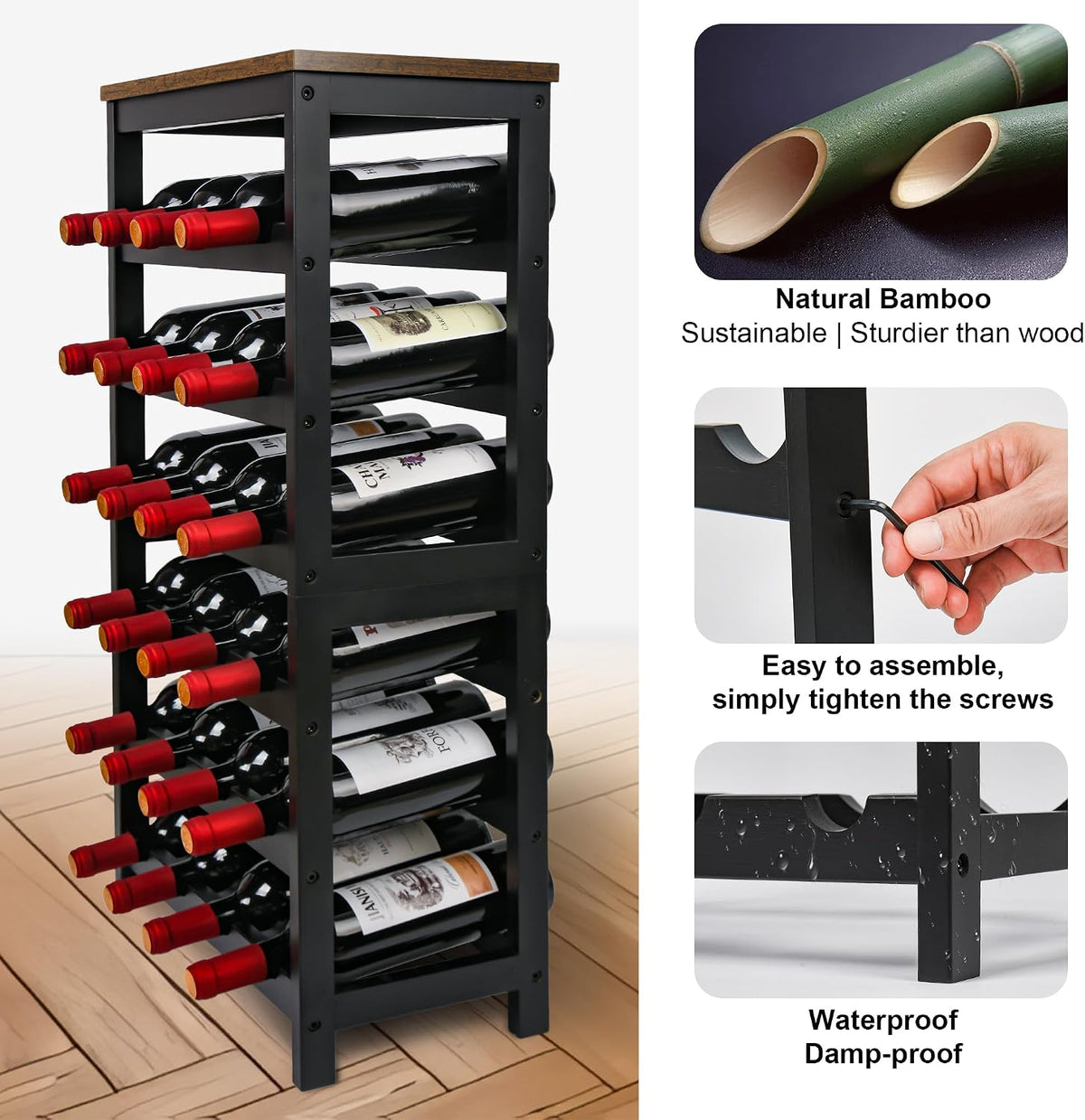 Bamboo Wine Rack, Sturdy and Durable Wine Storage Cabinet Shelf, Wine Racks Countertop for Pantry,Kitchen,3-Tier 12 Bottles Wine Rack Black