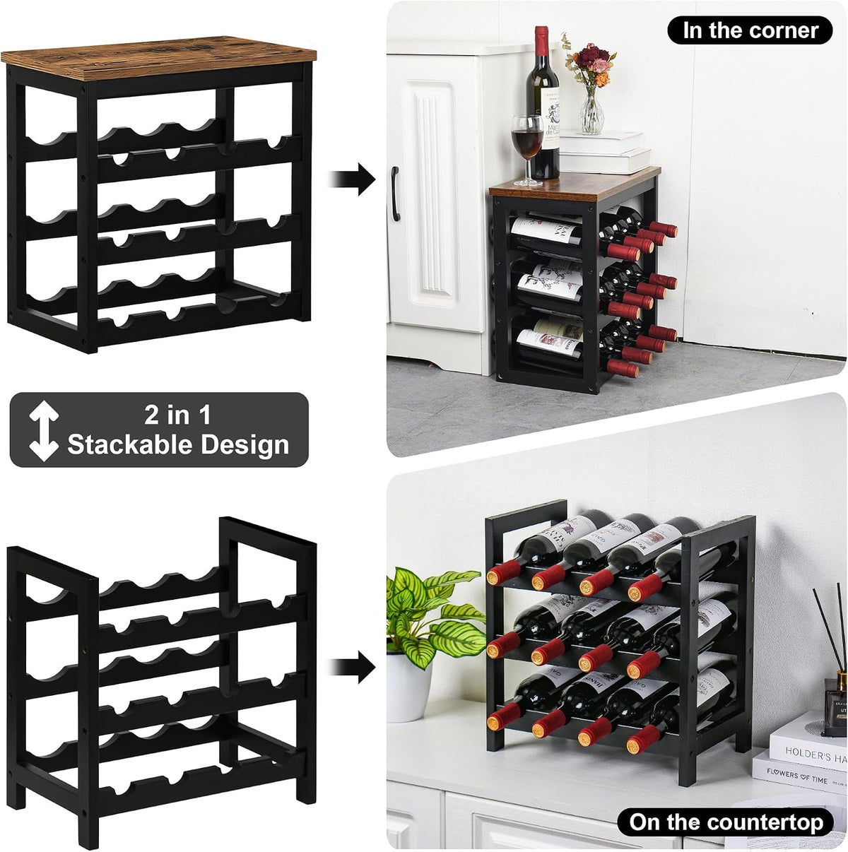 Bamboo Wine Rack, Sturdy and Durable Wine Storage Cabinet Shelf, Wine Racks Countertop for Pantry,Kitchen,3-Tier 12 Bottles Wine Rack Black