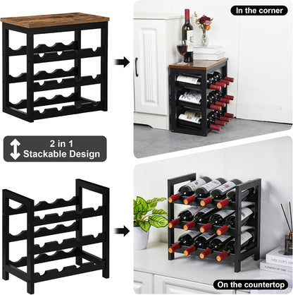 Bamboo Wine Rack, Sturdy and Durable Wine Storage Cabinet Shelf, Wine Racks Countertop for Pantry,Kitchen,3-Tier 12 Bottles Wine Rack Black