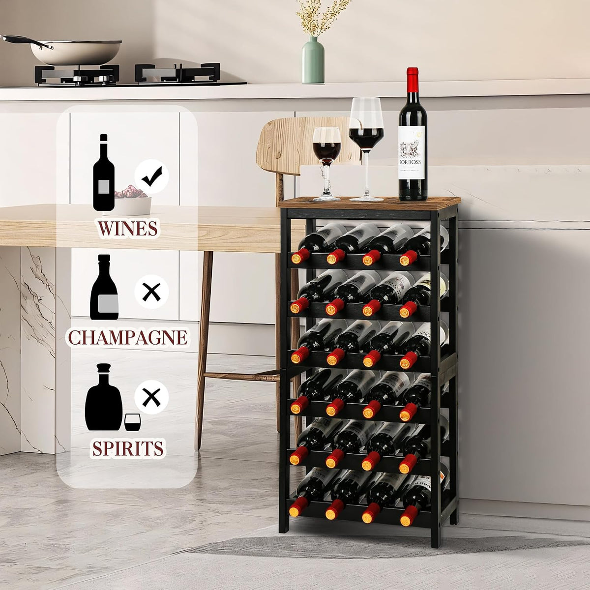 Bamboo Wine Rack, Sturdy and Durable Wine Storage Cabinet Shelf, Wine Racks Countertop for Pantry,Kitchen,3-Tier 12 Bottles Wine Rack Black