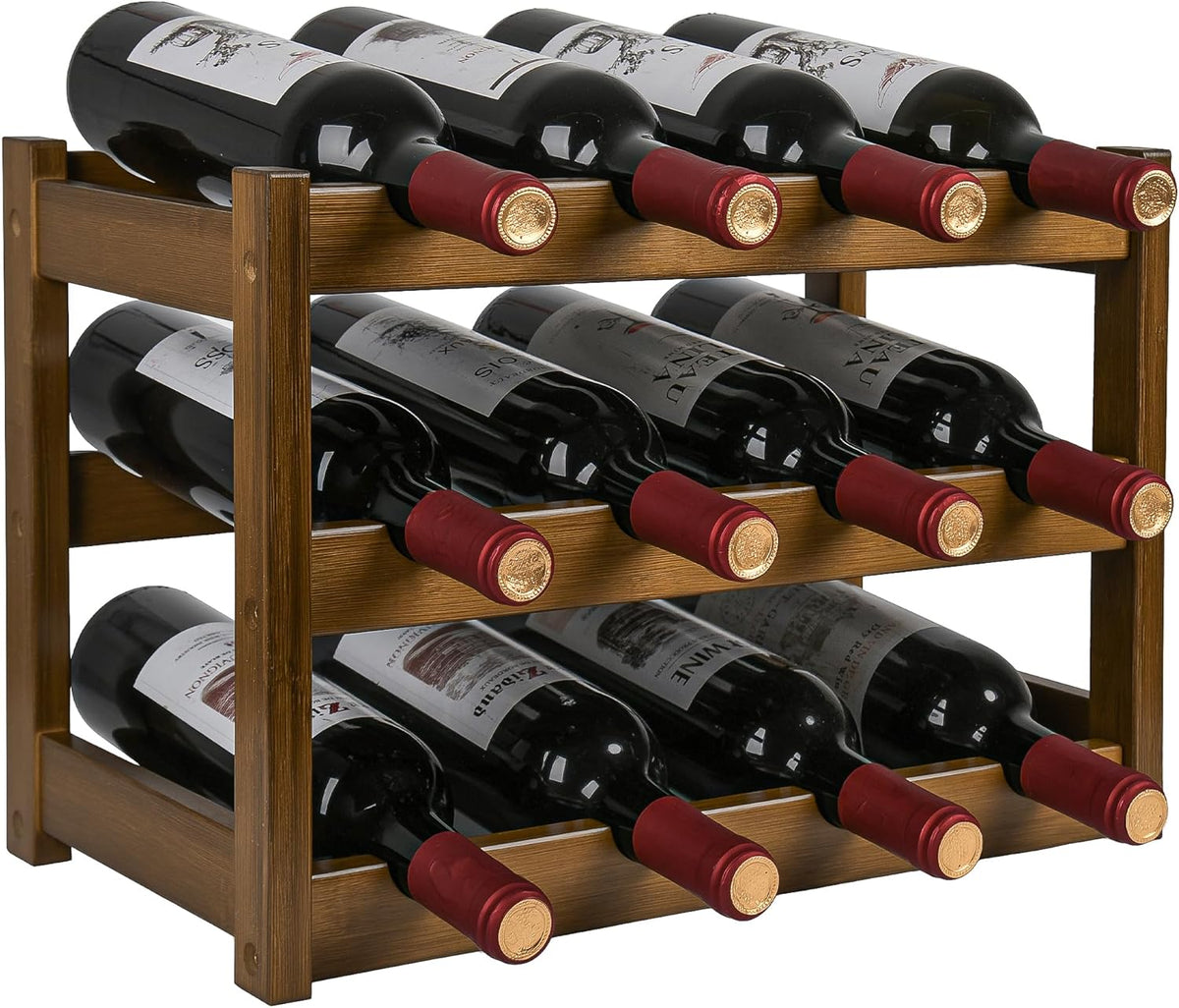 Bamboo Wine Rack, Sturdy and Durable Wine Storage Cabinet Shelf, Wine Racks Countertop for Pantry,Kitchen,3-Tier 12 Bottles Wine Rack Black