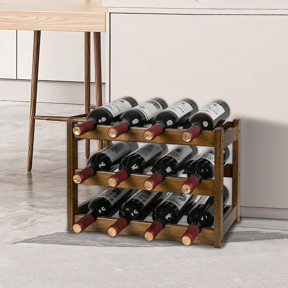 Bamboo Wine Rack, Sturdy and Durable Wine Storage Cabinet Shelf, Wine Racks Countertop for Pantry,Kitchen,3-Tier 12 Bottles Wine Rack Black