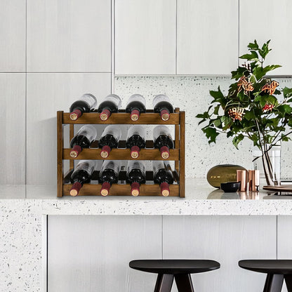 Bamboo Wine Rack, Sturdy and Durable Wine Storage Cabinet Shelf, Wine Racks Countertop for Pantry,Kitchen,3-Tier 12 Bottles Wine Rack Black