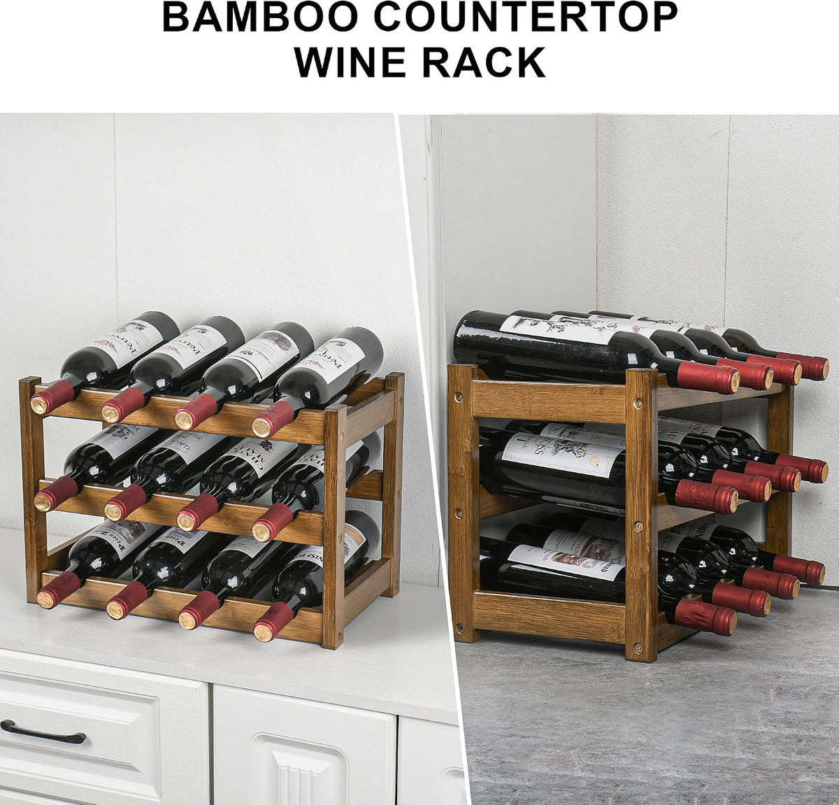 Bamboo Wine Rack, Sturdy and Durable Wine Storage Cabinet Shelf, Wine Racks Countertop for Pantry,Kitchen,3-Tier 12 Bottles Wine Rack Black