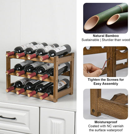Bamboo Wine Rack, Sturdy and Durable Wine Storage Cabinet Shelf, Wine Racks Countertop for Pantry,Kitchen,3-Tier 12 Bottles Wine Rack Black
