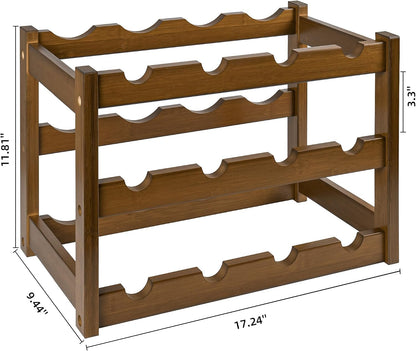 Bamboo Wine Rack, Sturdy and Durable Wine Storage Cabinet Shelf, Wine Racks Countertop for Pantry,Kitchen,3-Tier 12 Bottles Wine Rack Black