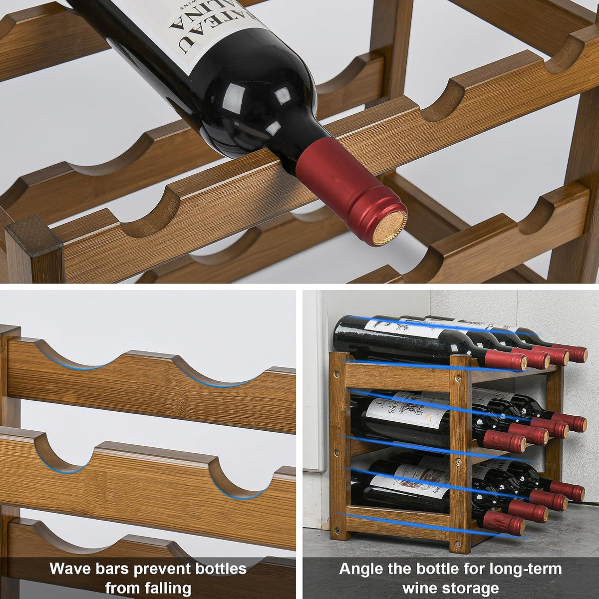 Bamboo Wine Rack, Sturdy and Durable Wine Storage Cabinet Shelf, Wine Racks Countertop for Pantry,Kitchen,3-Tier 12 Bottles Wine Rack Black