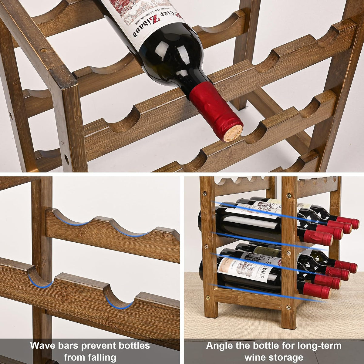 Bamboo Wine Rack, Sturdy and Durable Wine Storage Cabinet Shelf, Wine Racks Countertop for Pantry,Kitchen,3-Tier 12 Bottles Wine Rack Black
