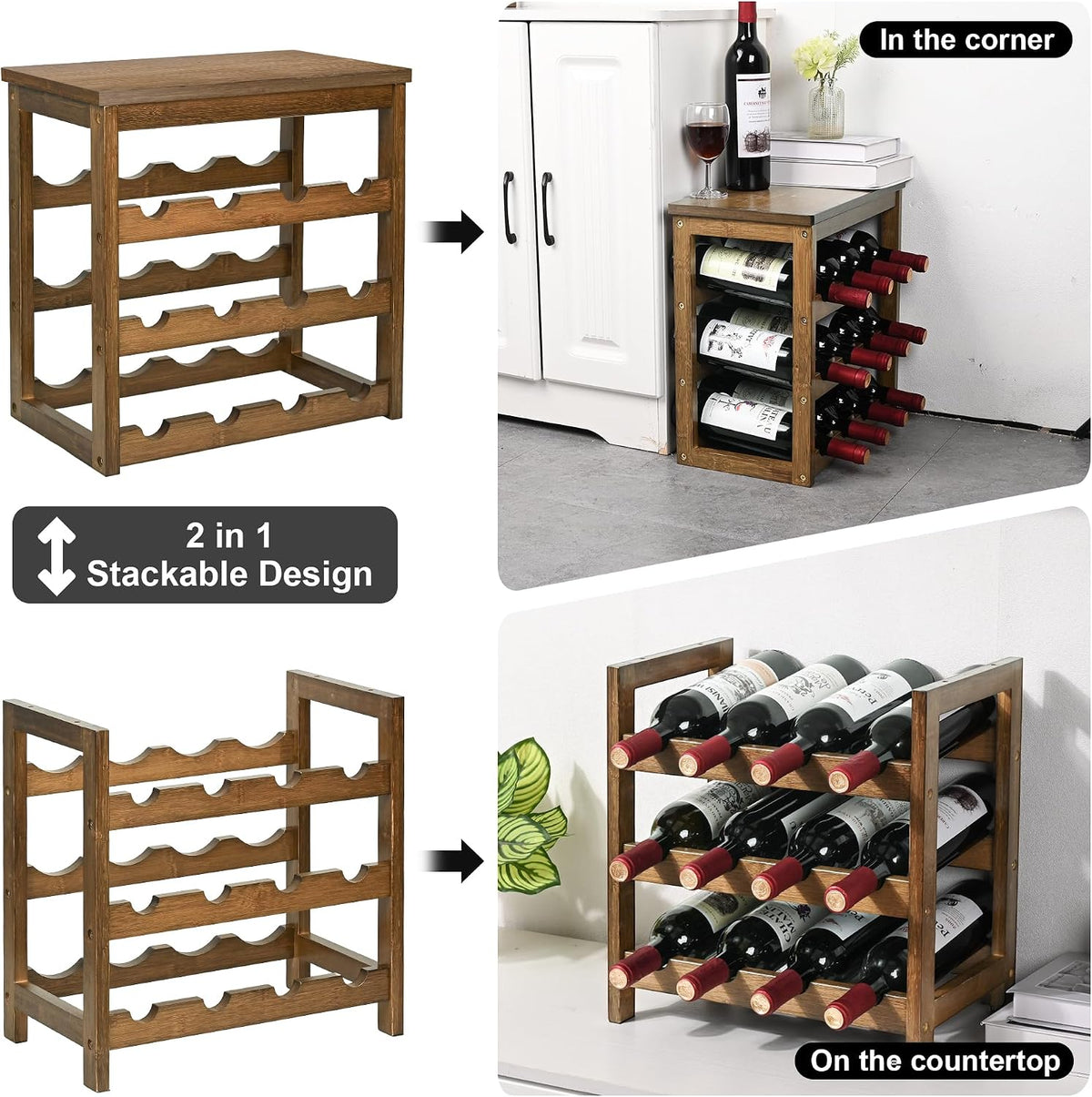 Bamboo Wine Rack, Sturdy and Durable Wine Storage Cabinet Shelf, Wine Racks Countertop for Pantry,Kitchen,3-Tier 12 Bottles Wine Rack Black