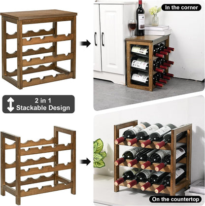 Bamboo Wine Rack, Sturdy and Durable Wine Storage Cabinet Shelf, Wine Racks Countertop for Pantry,Kitchen,3-Tier 12 Bottles Wine Rack Black