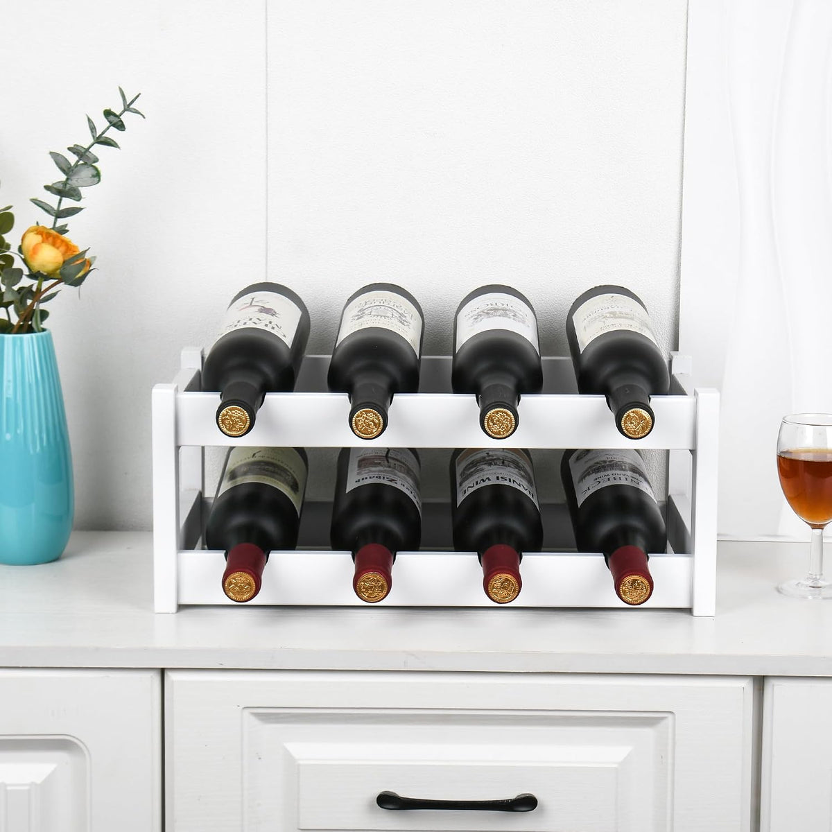 Bamboo Wine Rack, Sturdy and Durable Wine Storage Cabinet Shelf, Wine Racks Countertop for Pantry,Kitchen,3-Tier 12 Bottles Wine Rack Black