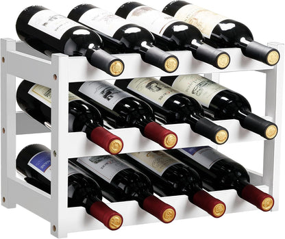 Bamboo Wine Rack, Sturdy and Durable Wine Storage Cabinet Shelf, Wine Racks Countertop for Pantry,Kitchen,3-Tier 12 Bottles Wine Rack Black