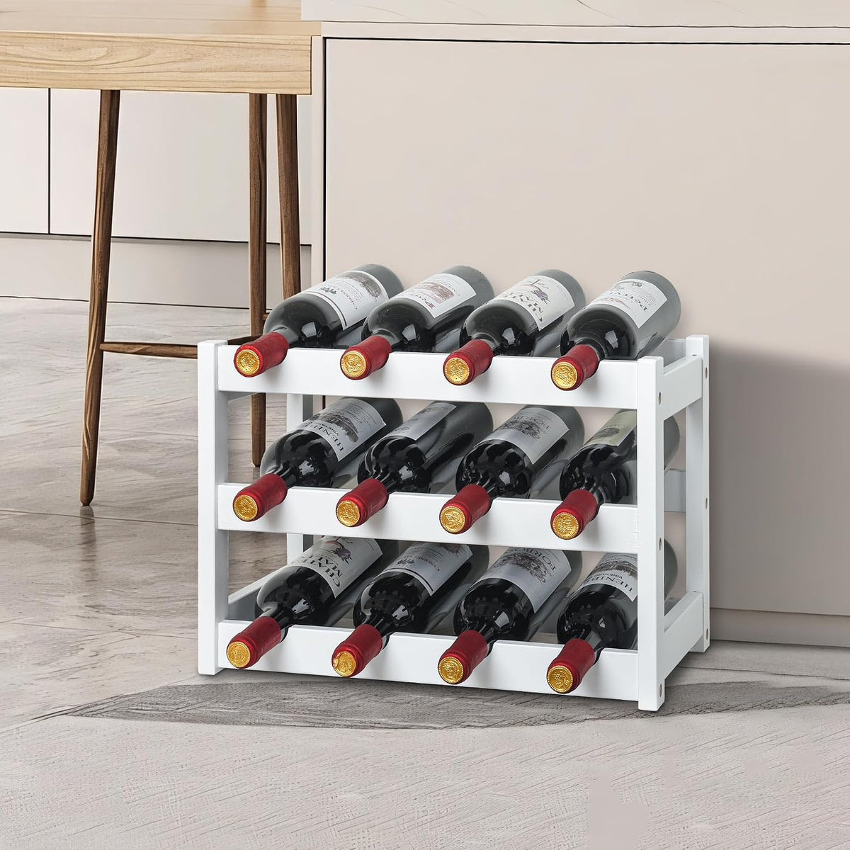 Bamboo Wine Rack, Sturdy and Durable Wine Storage Cabinet Shelf, Wine Racks Countertop for Pantry,Kitchen,3-Tier 12 Bottles Wine Rack Black