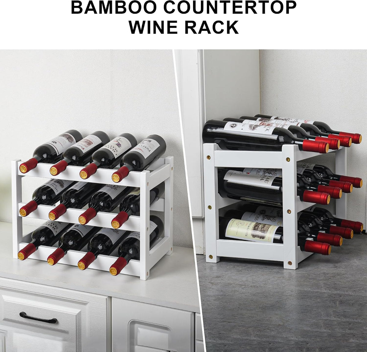 Bamboo Wine Rack, Sturdy and Durable Wine Storage Cabinet Shelf, Wine Racks Countertop for Pantry,Kitchen,3-Tier 12 Bottles Wine Rack Black