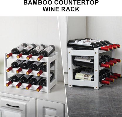 Bamboo Wine Rack, Sturdy and Durable Wine Storage Cabinet Shelf, Wine Racks Countertop for Pantry,Kitchen,3-Tier 12 Bottles Wine Rack Black