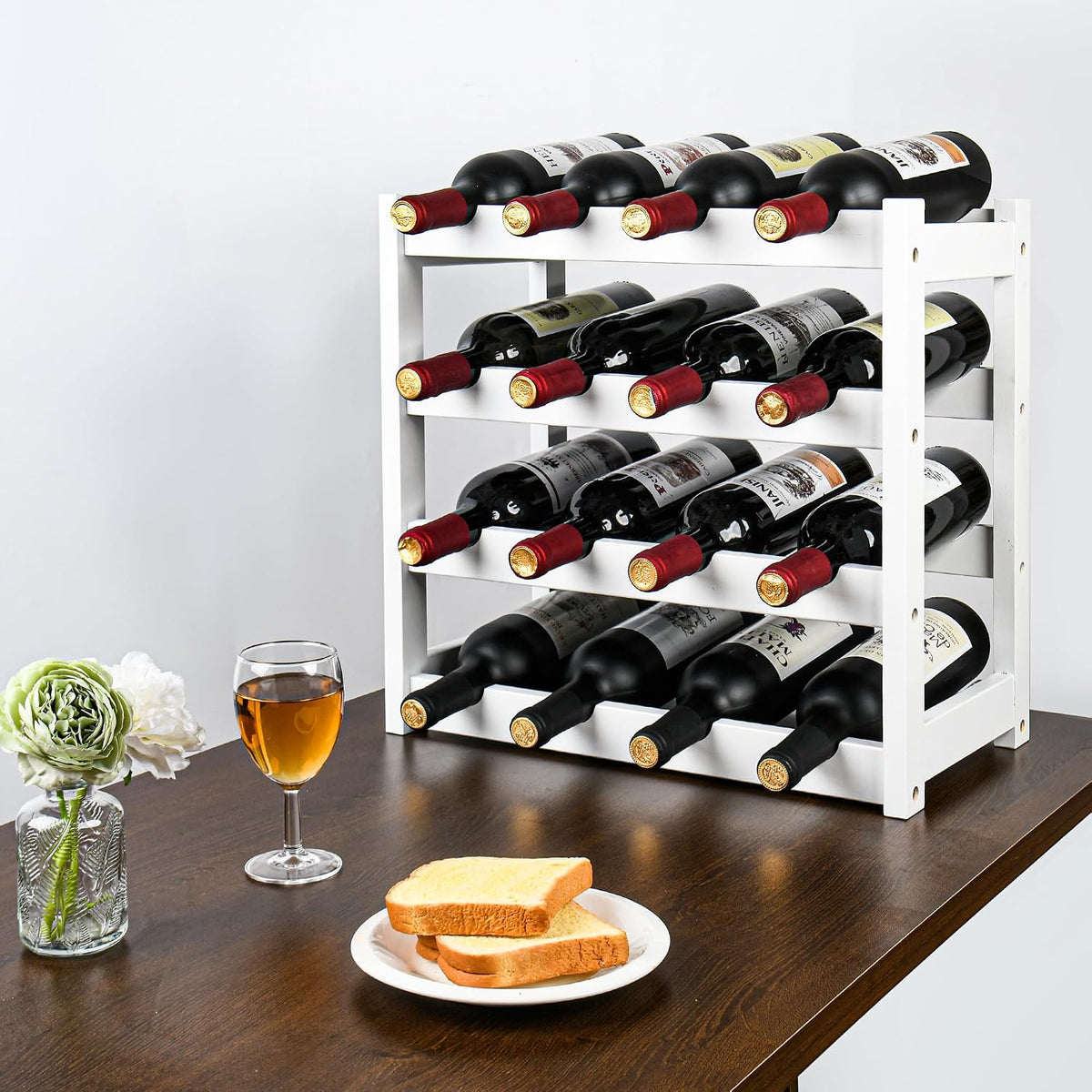Bamboo Wine Rack, Sturdy and Durable Wine Storage Cabinet Shelf, Wine Racks Countertop for Pantry,Kitchen,3-Tier 12 Bottles Wine Rack Black