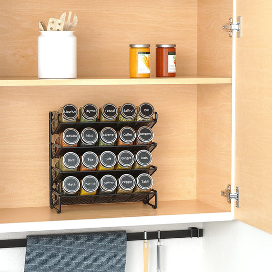 Spice Rack Organizer with 28 Spice Jars, 386 Spice Labels, Chalk Marker and Funnel Set for Cabinet, Countertop, Pantry, Cupboard or Door & Wall Mount - 28 Jars, 13.4" W × 10.8" H, Black