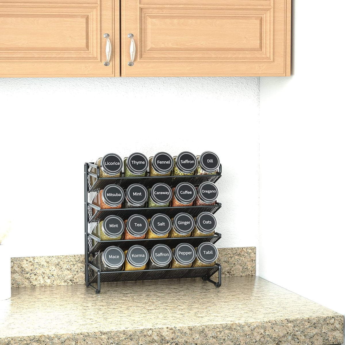 Spice Rack Organizer with 28 Spice Jars, 386 Spice Labels, Chalk Marker and Funnel Set for Cabinet, Countertop, Pantry, Cupboard or Door & Wall Mount - 28 Jars, 13.4" W × 10.8" H, Black