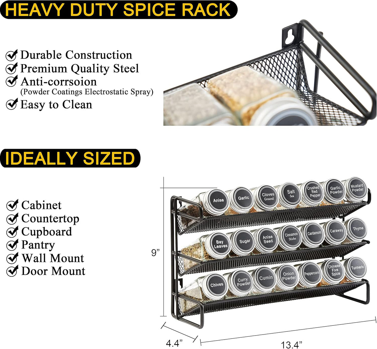 Spice Rack Organizer with 28 Spice Jars, 386 Spice Labels, Chalk Marker and Funnel Set for Cabinet, Countertop, Pantry, Cupboard or Door & Wall Mount - 28 Jars, 13.4" W × 10.8" H, Black
