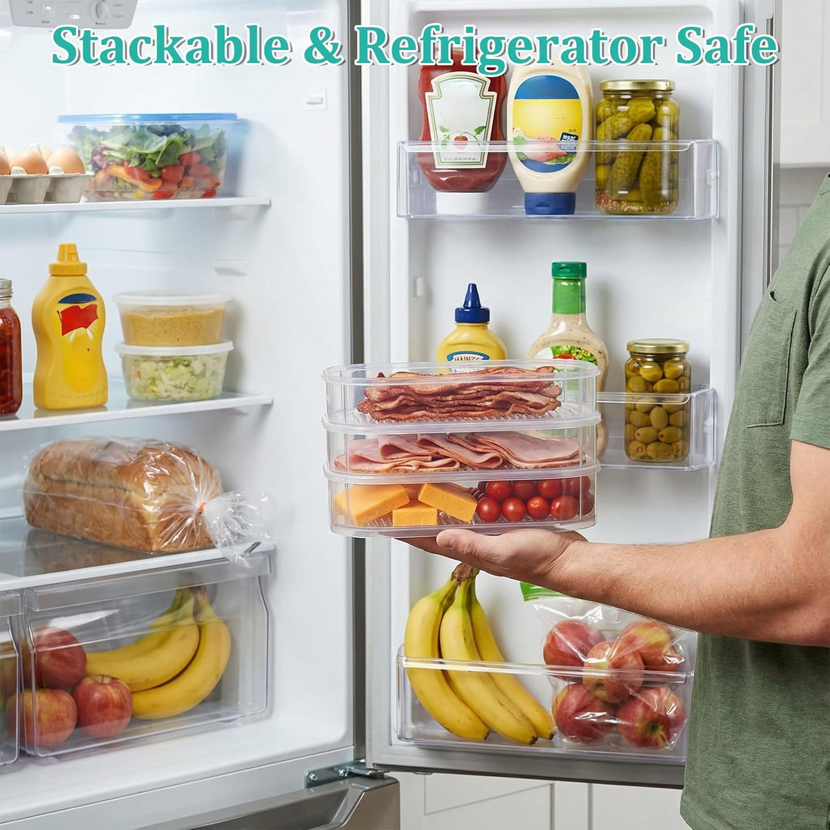 6 Pcs Deli Meat Container for Fridge 2 Lids, BPA Free Transparent Stackable Lunch Meat Container for Refrigerator Food Storage Boxes for Cold Cuts Cheese Lunchmeat Salami