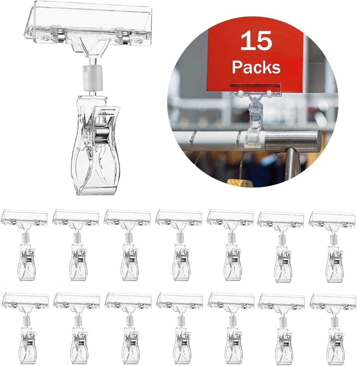 Clear Sign Clips for Merchandise Display, Plastic Retail Double Sided Sign Holder Clips, Acrylic Price Tag Sign Holders on Clothing Rack, Rotatable Pop Clamps for Sale Retail Display