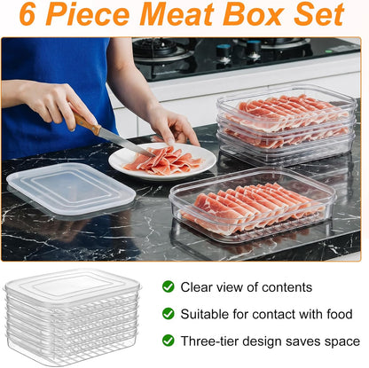 6 Pcs Bacon Keeper Deli Containers with Lids Airtight 9.84x7.2x1.38 Inches | Transparent View, Airtight Seal, Premium Material, Lunch Meat Container, Cold Cuts Cheese Storage Box, Versatile Use