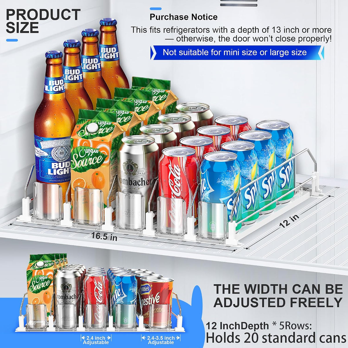 Drink Organizer for Fridge, Upgraded Drink dispenser for fridge, Automatic Pusher Glide,12oz 16oz - Can Dispenser for Fridge - Holds up to 20 Cans - 5 Rows White