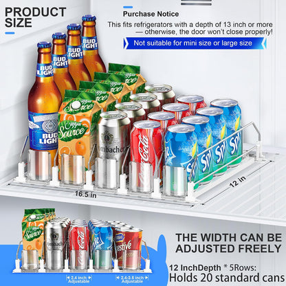 Drink Organizer for Fridge, Upgraded Drink dispenser for fridge, Automatic Pusher Glide,12oz 16oz - Can Dispenser for Fridge - Holds up to 20 Cans - 5 Rows White