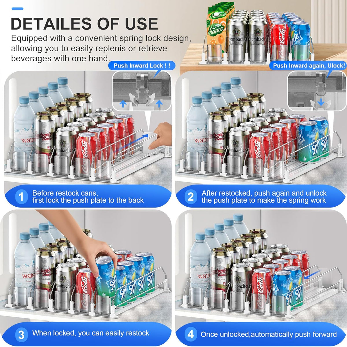 Drink Organizer for Fridge, Upgraded Drink dispenser for fridge, Automatic Pusher Glide,12oz 16oz - Can Dispenser for Fridge - Holds up to 20 Cans - 5 Rows White
