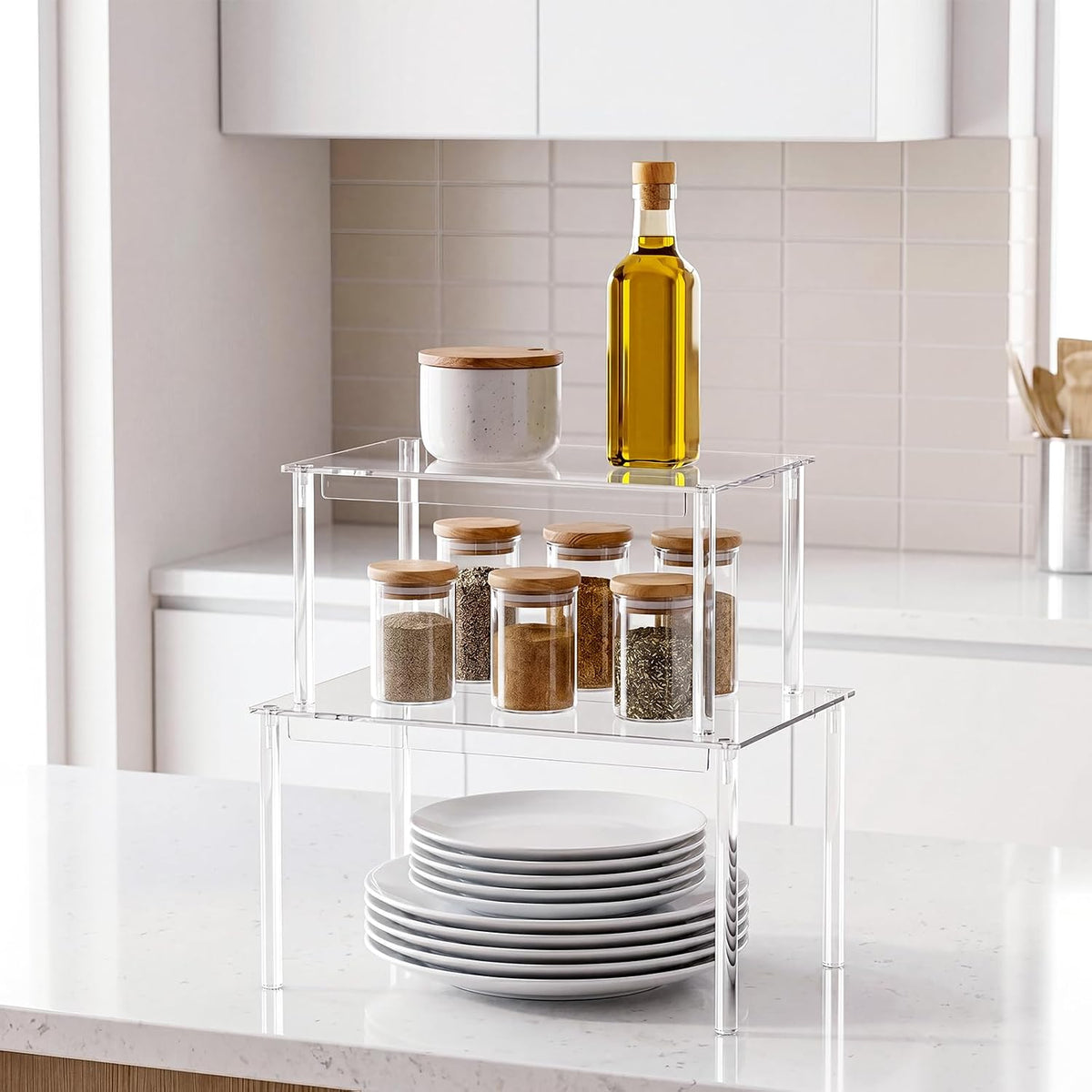 Cabinet Shelves, Clear Stackable Acrylic Storage Risers with Heavy Duty Support, Cabinet Organizer Shelf for Spices, Seasonings, Jars, Pantry, Kitchen Counter, Easy Assembly