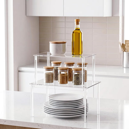 Cabinet Shelves, Clear Stackable Acrylic Storage Risers with Heavy Duty Support, Cabinet Organizer Shelf for Spices, Seasonings, Jars, Pantry, Kitchen Counter, Easy Assembly